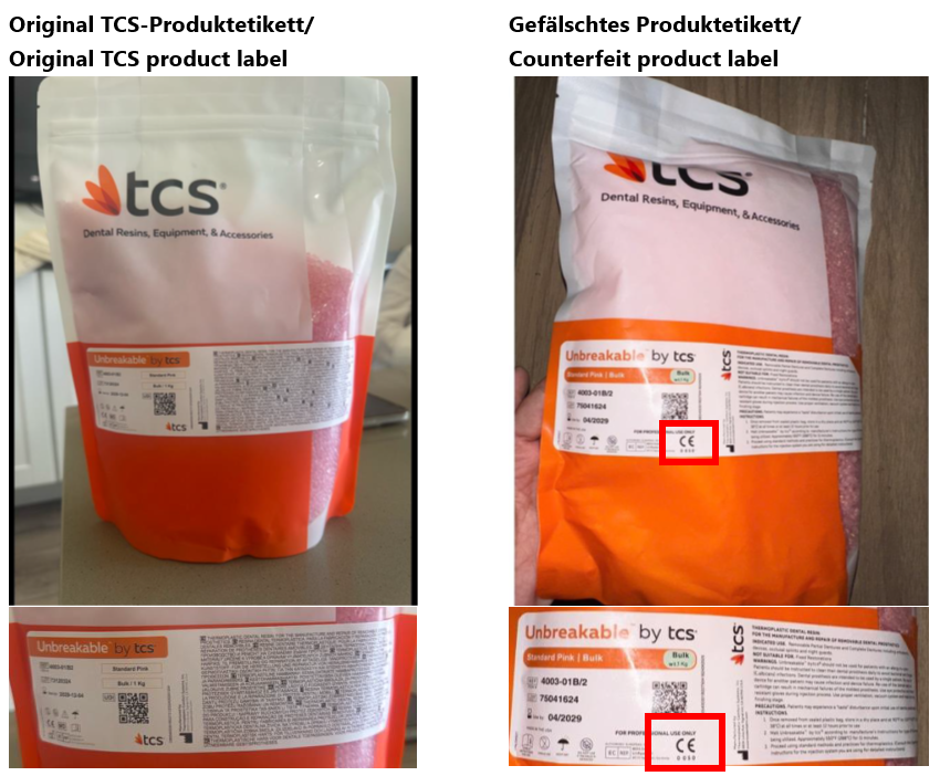 Vergleich des originalen und gefälschten Produktes. 